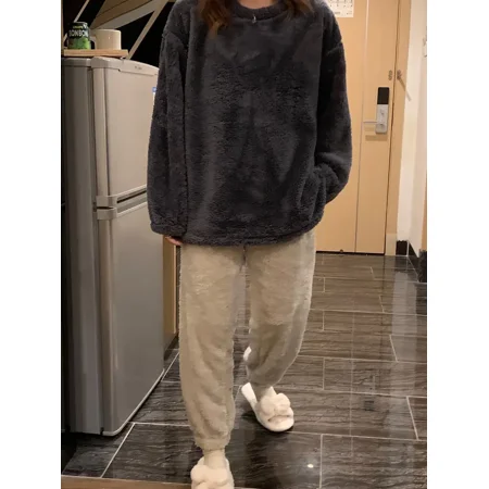 

2-Piece Women‘s Autumn & Winter Warm Simple Pajamas Set Solid Crew Neck Top Pajamas & Fluffy Elastic Waistband Pants Women‘s Loungewear & Sleepwear