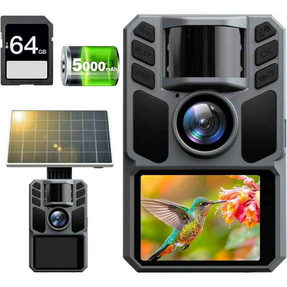 Trail Camera Solar Trail Cam - 4K 64MP Trail Cameras with Night Vision, IP67 Waterproof Camera for Deer Wildlife Monitoring Hunting with 64GB Memory Card