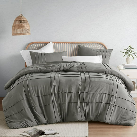 Comfort Spaces Grey Full Size Comforter Set - 3 Pieces Pintuck Pleated Bedding Set, All Season Lightweight, Extra Softness Pre-Washed Microfiber With Shams