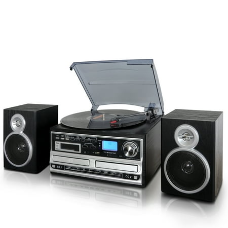 Trexonic 3-Speed Turntable With CD Player, CD Recorder, Cassette Player, Wired Shelf Speakers, FM Radio & CD/USB/SD