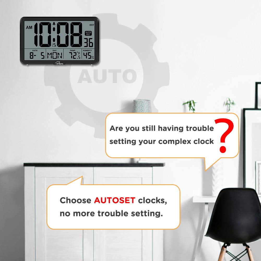Digital Wall Clock Battery Operated Auto Set, Large Display with Temperature Humidity Date, Desk Calendar Alarm Clock for Home Office Bedroom, 8 Time Zones