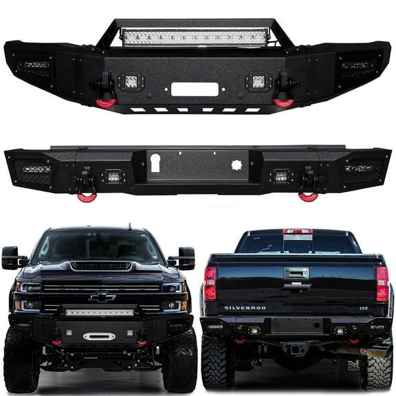 Vijay Compatible with 2015-2016-2018-2017-2019 Chevrolet Silverado 2500hd/3500hd Front and Rear Bumper Textured Black Steel with Lights and D-rings