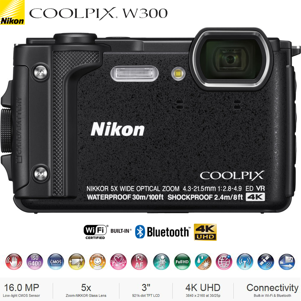 Restored Nikon COOLPIX W300 16MP 4k Ultra HD Waterproof Digital Camera (Black) 26523B - (Refurbished) - image 1 of 8