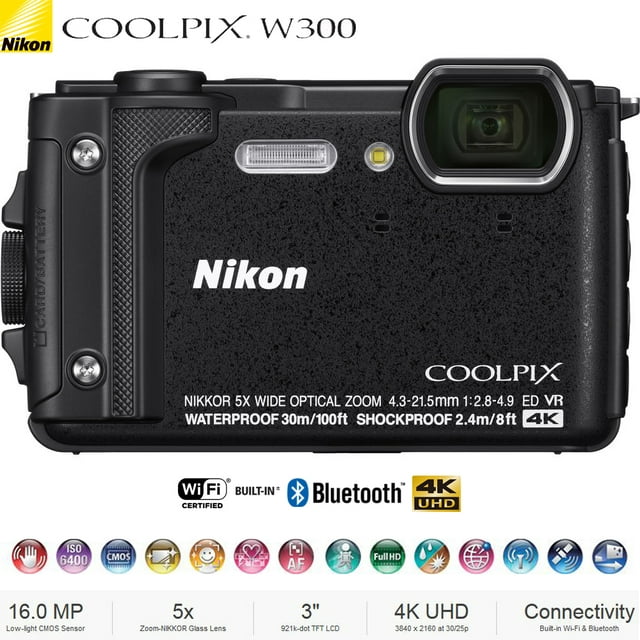 Restored Nikon COOLPIX W300 16MP 4k Ultra HD Waterproof Digital Camera (Black) 26523B - (Refurbished)