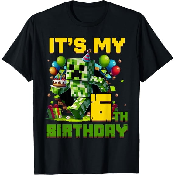 Sam Soft Birthday Boy It'S My 6Th Birthday 6 Year Old Pixel Gamer T-Shirt