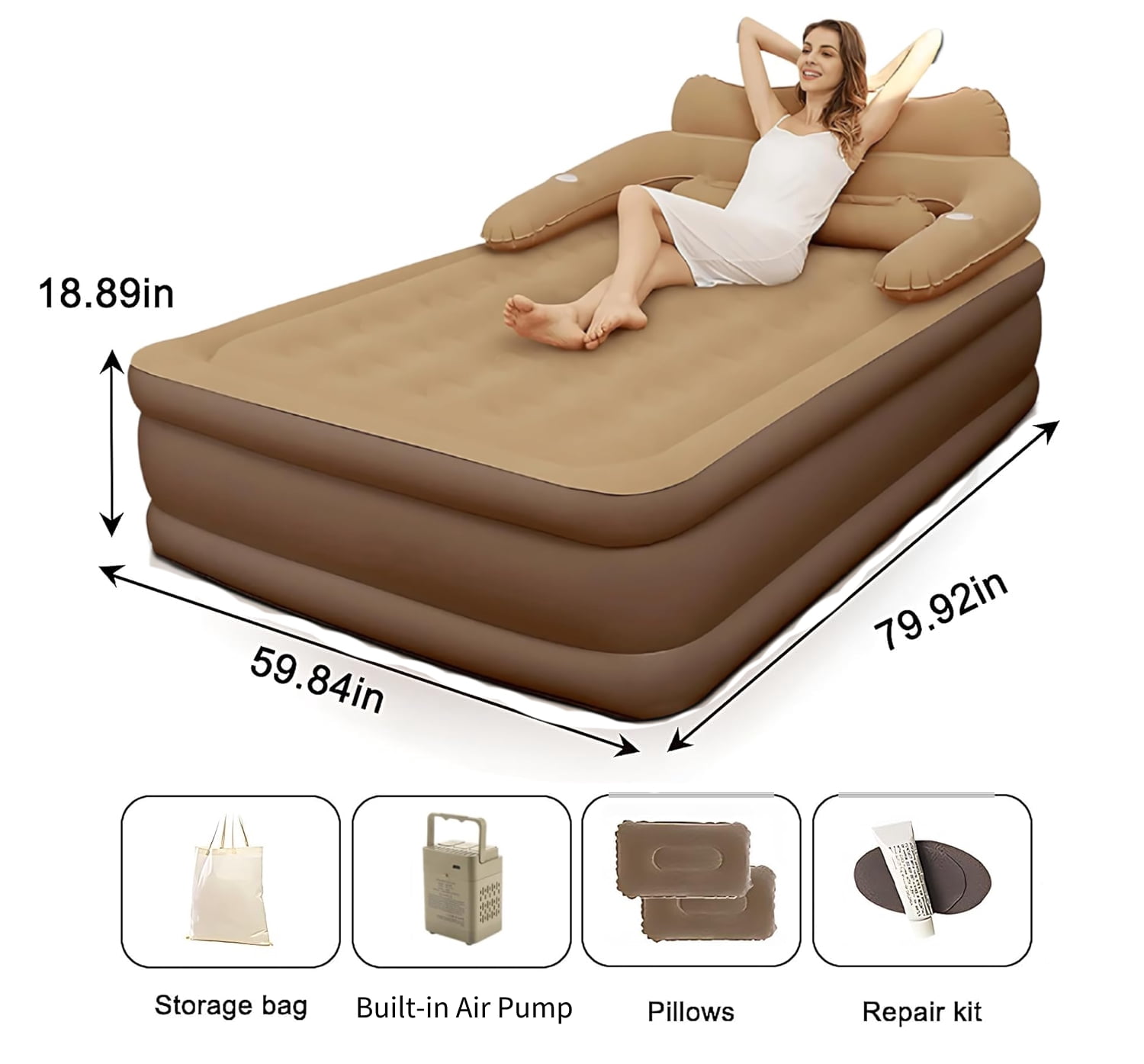 Air Mattress, Queen Airbed with Headboard, Airbed Inflatable Couch with Pump, For Guest Home Camping Travel, Coffee