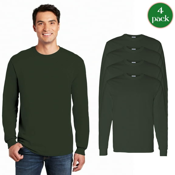 Gildan Heavy Cotton Long Sleeve T-Shirt, Everyday Wear T-Shirt for Men, Forest Shirts, Pack-4, S