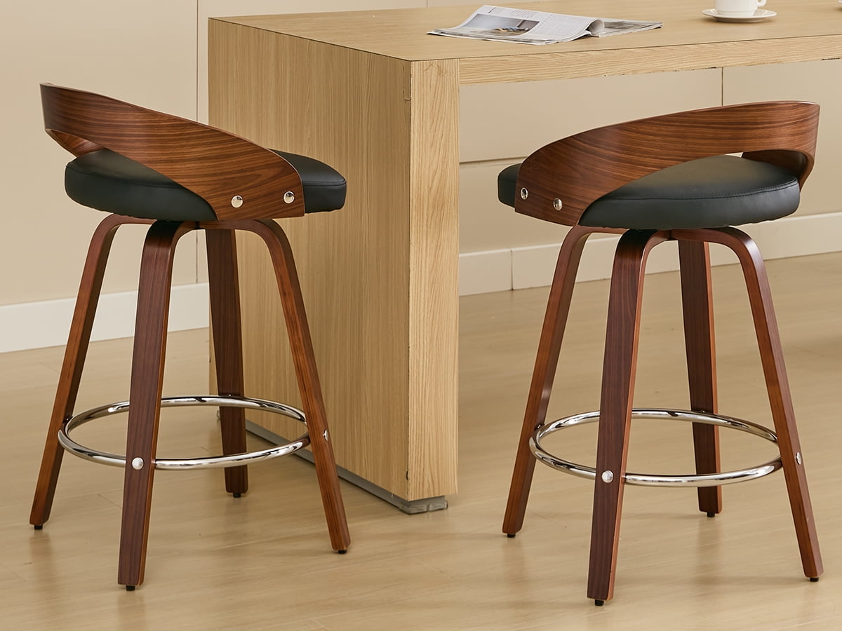 25" Counter Height Bar Stools Set of 4, Wood & PU Leather Counter Stools, Modern Swivel Bar Stools for Kitchen Counter Island, Barstool Chairs, Sillas Para Barra de Cocina (Black, 4 Pcs)