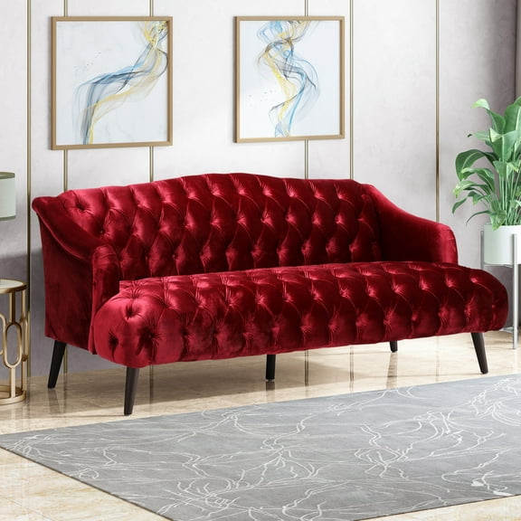 Christopher Knight Home 3-Seat Velvet Tufted Sofa, Contemporary Couch with Wooden Legs, Wine Red