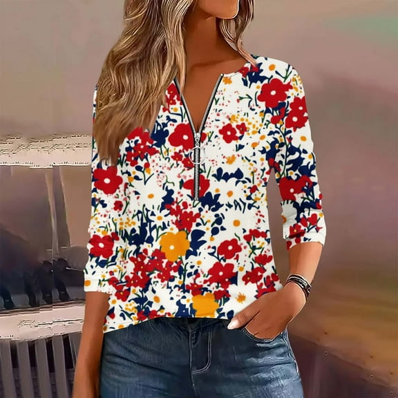 Elvqul Loose Shirts for Women Casual Tops Red Printed Zip Up V Neck Long Sleeve Fall Ladies Tops