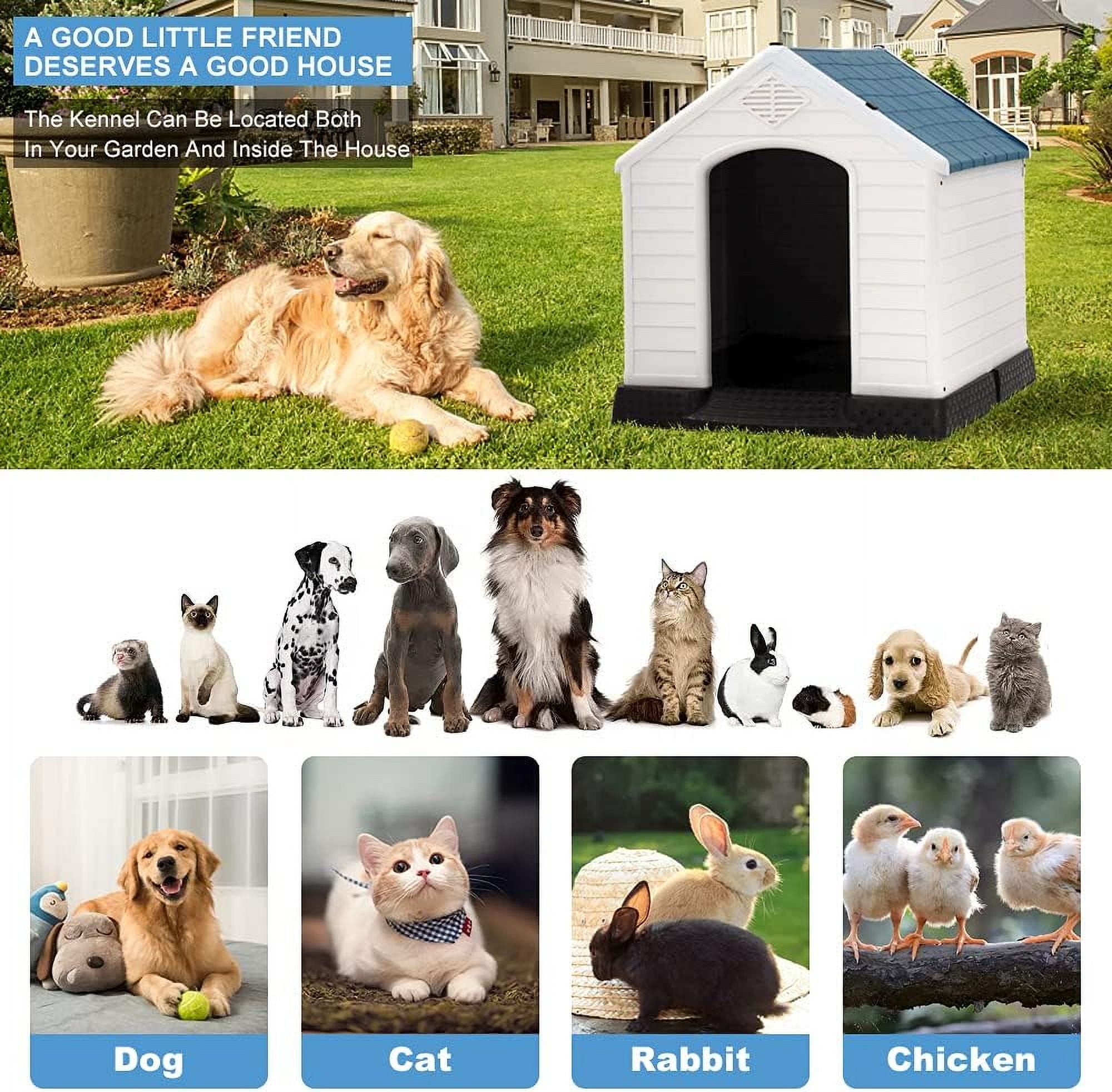 XF XINFENG Large Dog House Plastic Indoor Outdoor Waterproof Dog Kennel with Air Vents Elevated Floor( Blue, 41''L*37.4''W*39''H)