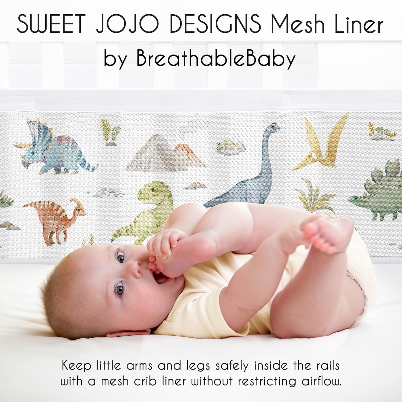 Sweet Jojo Designs + BreathableBaby Watercolor Dinosaur Dino Multicolor Breathable Mesh Crib Liner Pad