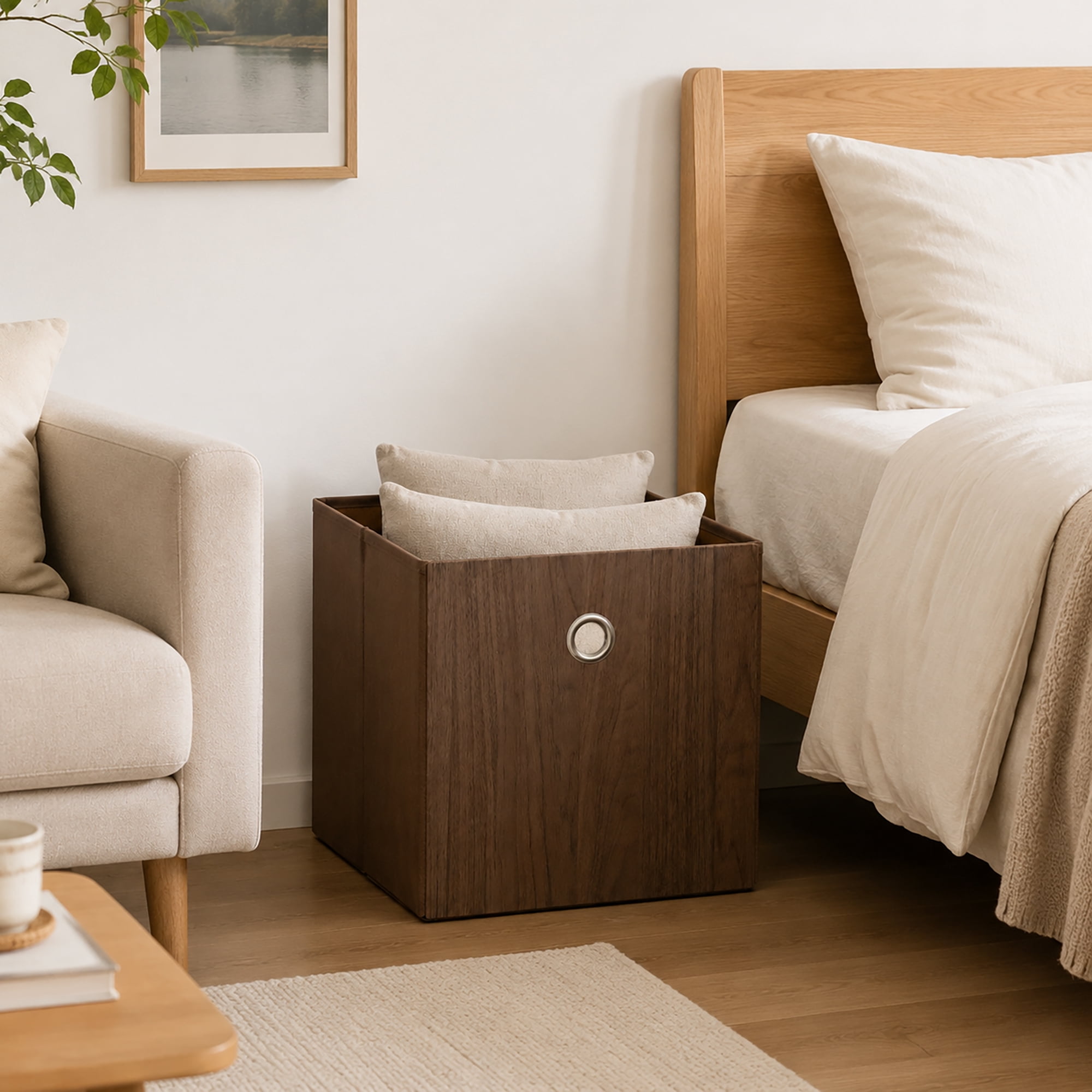 (2 pack) Mainstays Collapsible Fabric Cube Storage Bin, Natural Wood Finish, 10.5 in x 10.5 in x 10.75 in
