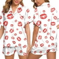 thumbnail image 2 of FUNDUFI Womens Pajamas Outfit Set Short Sleeve Casual Valentine's Day Love Heart Printed Satin Pajama Shirt Pants 2Pcs Sleepwear Outfit Sets Comfortable Loose Fit Pyjamas Set Comfy Women's Nightwear, 2 of 5