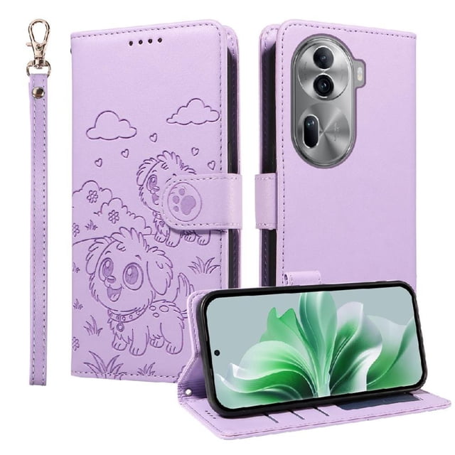Funda Cartera GANGXUN con Diseño de Perrito en Relieve para OPPO Reno 11 Pro , Protección 360° con Ranuras y Correa Desmontable