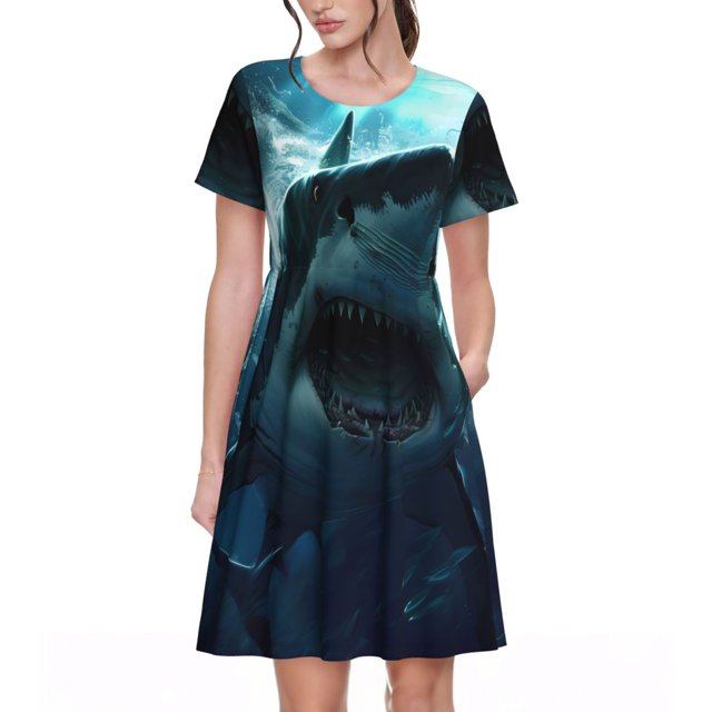 Balery Undersea Shark Vestidos sueltos de manga corta para mujer, vestidos de verano 2025, vestidos casuales de corte A con vuelo.