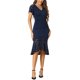 thumbnail image 2 of INSPIRAR CHIC Vestidos de encaje floral midi elegantes para mujer con escote en V, mangas cortas con volantes, vestido de cóctel sirena ajustado color azul marino XS, 2 of 6