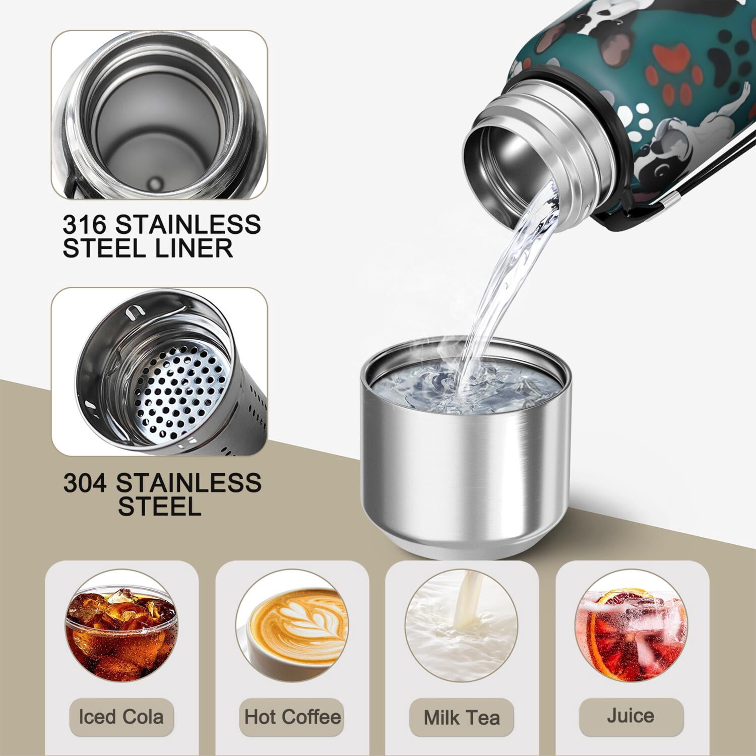 20 Oz Boston Terrier with Bones and Paws Coffee Tumbler Double Wall Insulated Stainless Steel Water Bottle | Metal Reusable Thermoses Flask with Cup Cap | Leak & Sweat Proof with Anti-Dust Lid