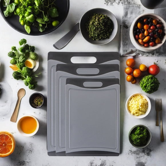 Xihbxyly Tabla de Cortar de Plástico Ecológico, Diseño Grueso de Doble Cara, Mango de Fácil Agarre, Apta para Lavavajillas, Ranuras para Jugos, Ligera, Ideal para Carne, Verduras y Frutas, 3 Tamaños