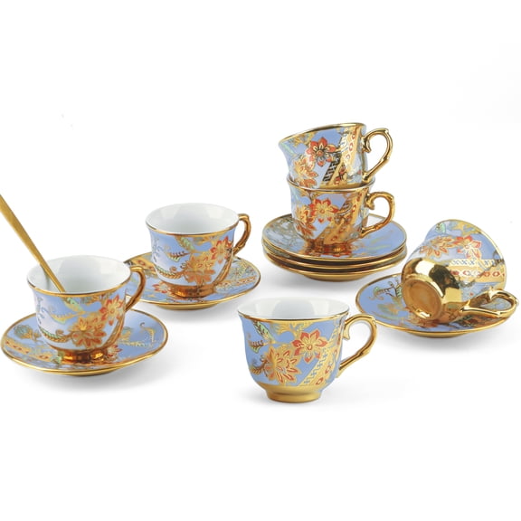 6-Piece Blue & Gold Floral Tea Coffee Cup Saucer Set - Elegant Porcelain Gift Box Set for 6 Guests, Dishwasher/Microwave Safe