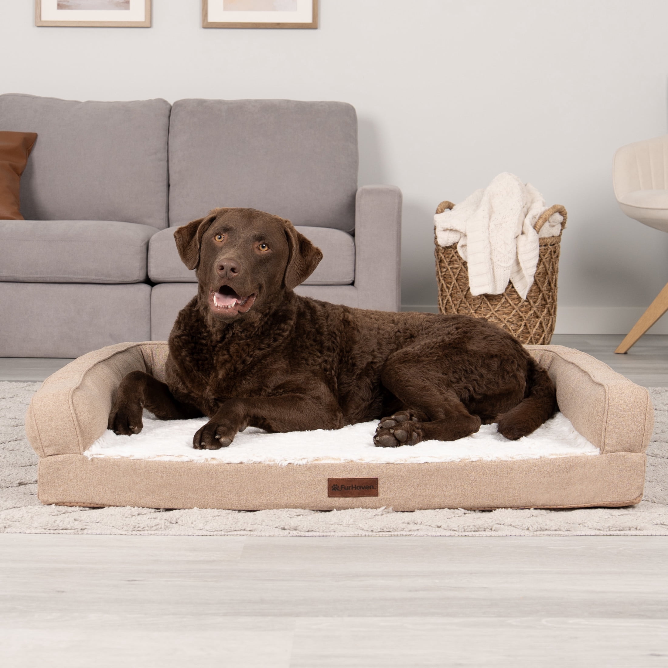 FurHaven Large (27"x36") Cooling Gel Dog Bed – Birch Faux Fur & Soft Faux Linen Modern Sofa Pet Bed, Orthopedic Foam, Removable Washable Cover, Nutmeg