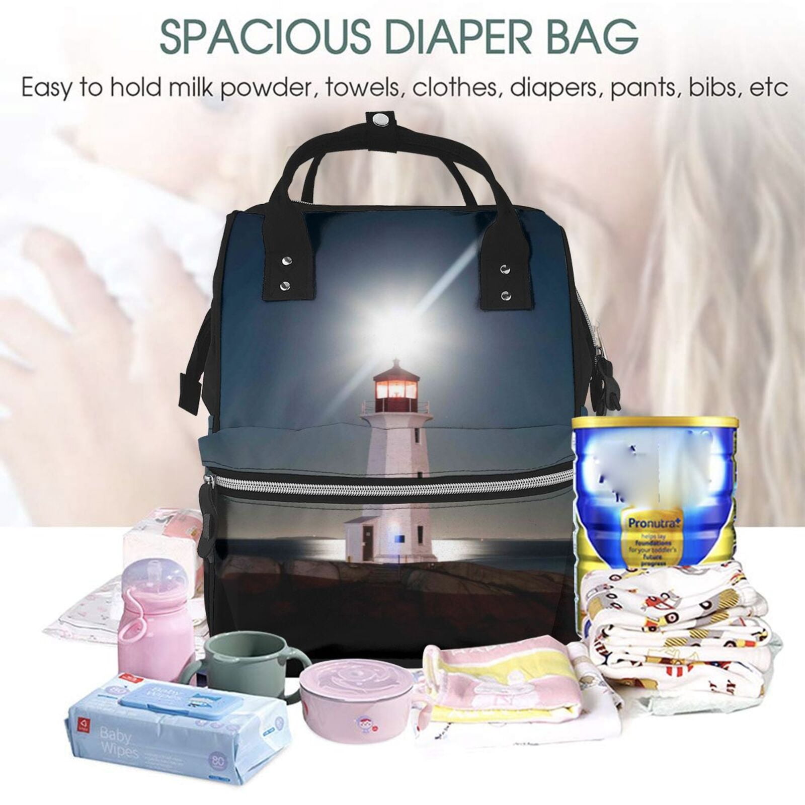 Ratiio Peggy's Cove Lighthouse Mummy Backpack - Waterproof Twill Canvas, Large Capacity Diaper Bag with Multiple Pockets and Adjustable Straps
