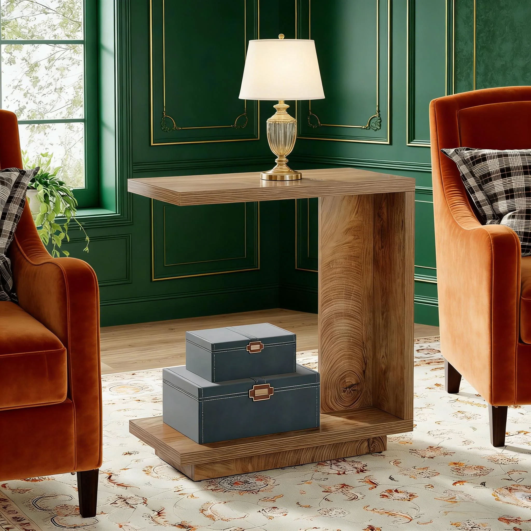 MAYEERTY C-Shaped End Table, Modern Wood Side Table with 2-Tier Storage, 23.6" Slim Sofa Couch Table for Living Room, Bedroom, Small Spaces