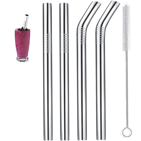 Casewin 5 Piece Drinking Straws, 4 Reusable Eco Friendly Silver Metal Smoothie Straws (12mm Wide) &1 Cleaning Brushes, 2 Straight, 2 Bent, Also Ideal for, Milkshake, Cocktail, Hot Drinks