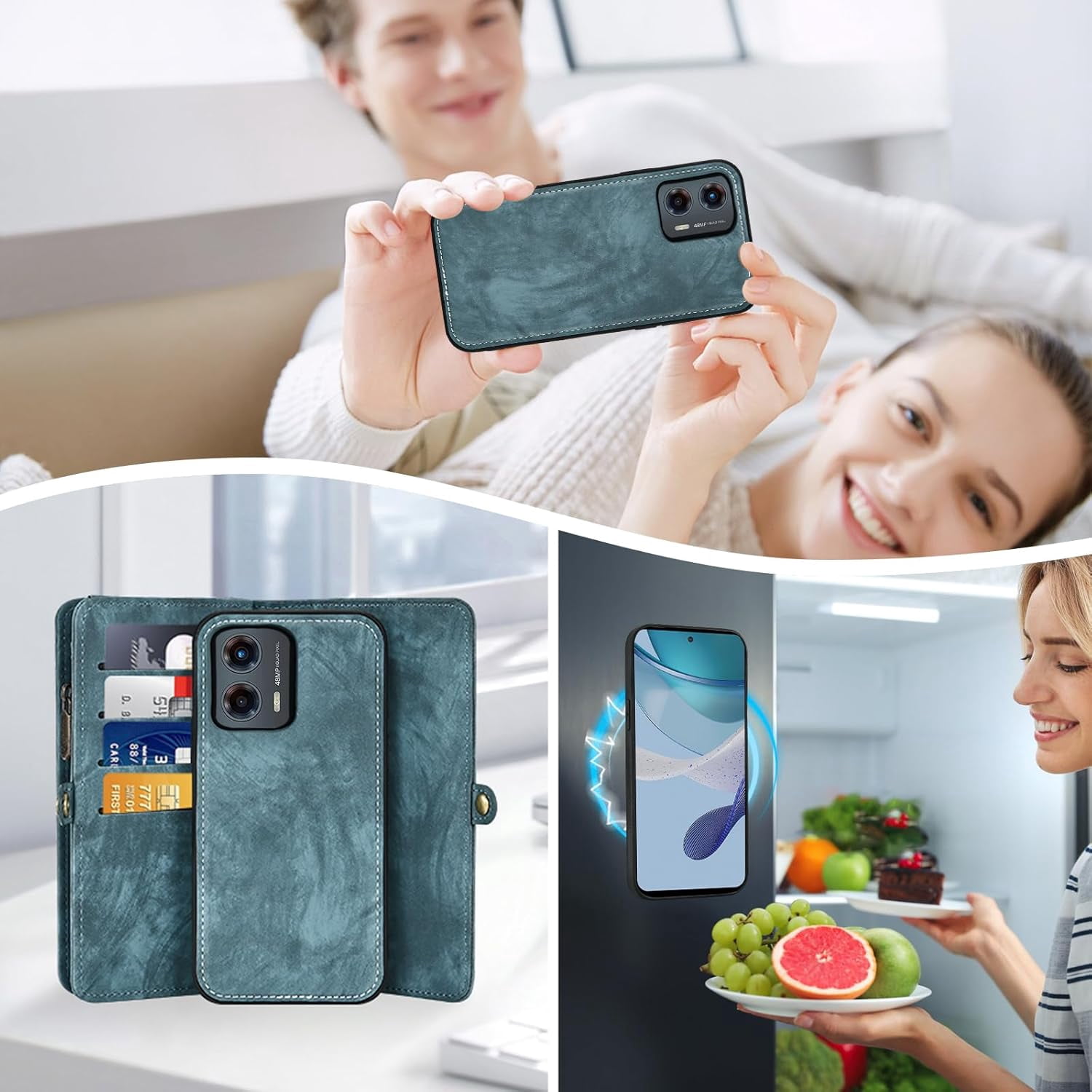Asuwish Phone Case for Motorola Moto G 5G 2023 Zipper Wallet Detachable Cell Cover with Tempered Glass Screen Protector Crossbody Lanyard Strap Flip Card Holder Slot G5G 5 G G5 Women Men Girls Blue