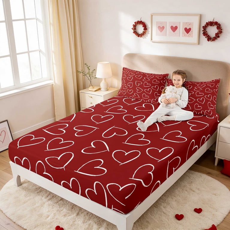 Erosebridal Outline Heart Valentine Chalk King Sheets for Girls, Red ...
