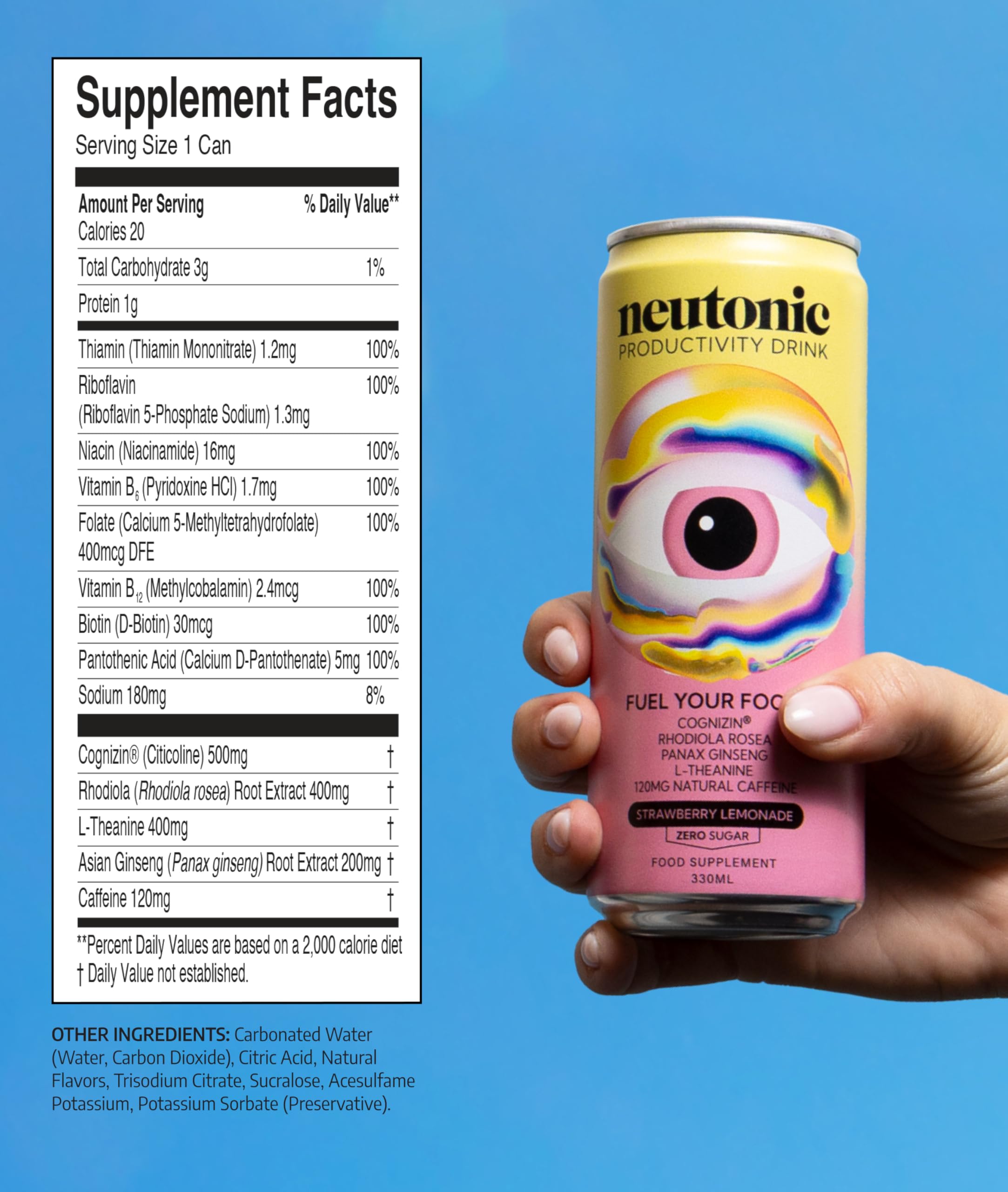 Neutonic Nootropic Productivity Energy Drink | Strawberry Lemonade | 12 Cans | 120mg Natural Caffeine | Zero Sugar | Focused Energy & Mental Performance Support