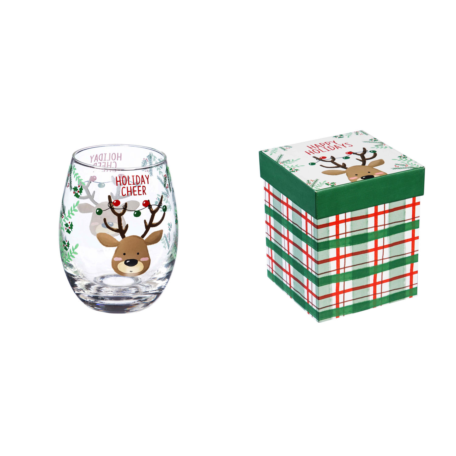 Evergreen Stemless Wine Glass w/ Box, 17 OZ, Holiday Cheer