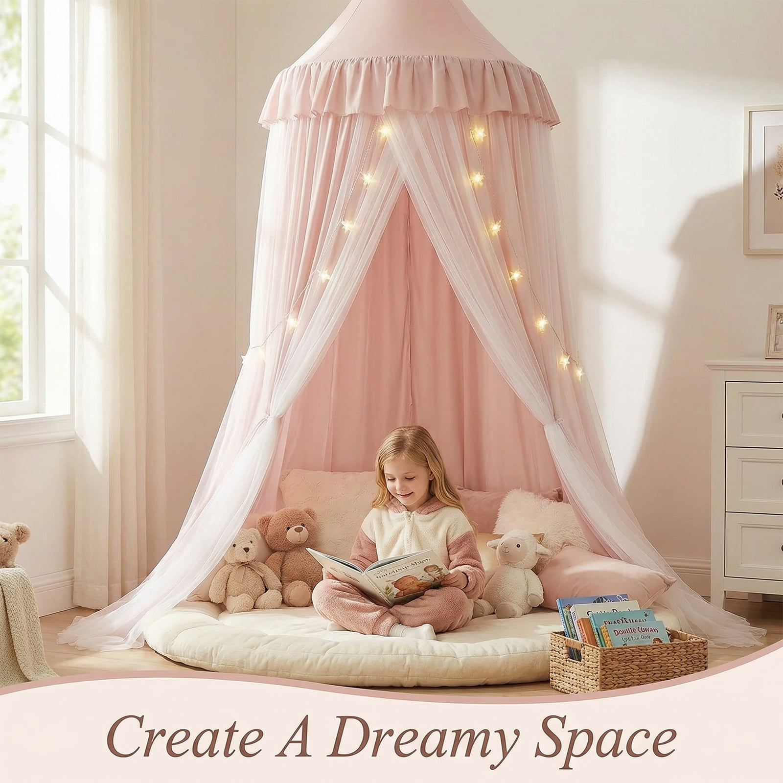 Bed Canopy with Star Night Light, Double Layer Dustproof & Breathable, Kids Reading Nook Bed Tent, Machine Washable, Available in , Pink