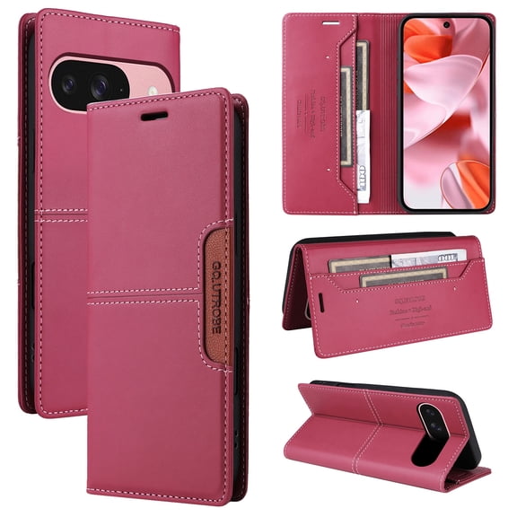 For Google Pixel 9 / 9 Pro Flip Wallet Case,[RFID Blocking]PU Leather Magnetic Folio Cover,With Card Slots,Flip Folding Kickstand,Shockproof TPU Anti-fall Rugged Phone Case Cover,Red