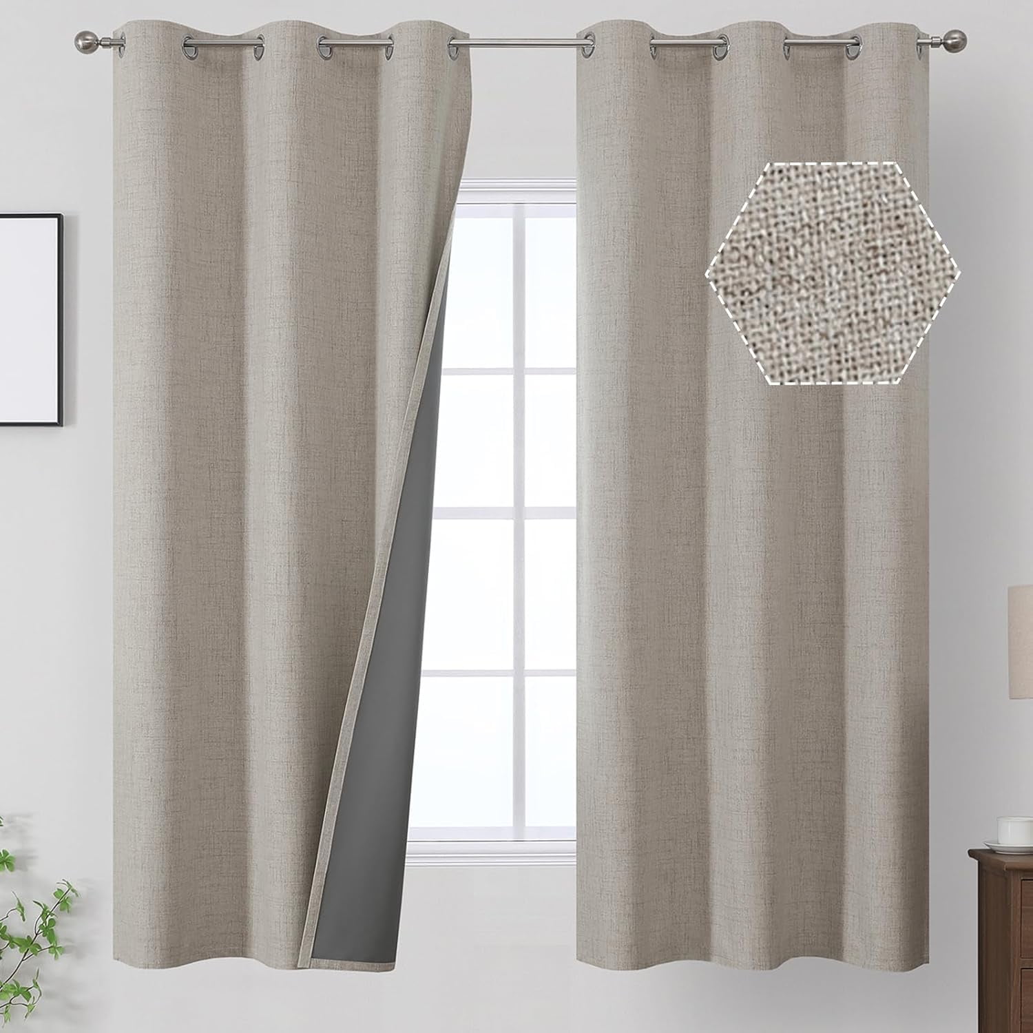 100% Blackout Linen Curtains for Bedroom 40Wx63L Inch Long 2 Panels Set | Room Darkening Linen Textured Curtains for Living Room/Nursery, Thermal Insulated Light Blocking Short Window Grommet Drapes