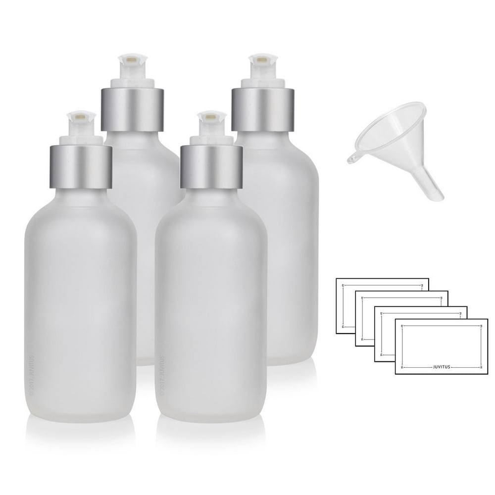 4 oz Frosted Clear Glass Boston Round Bottle with Silver ...