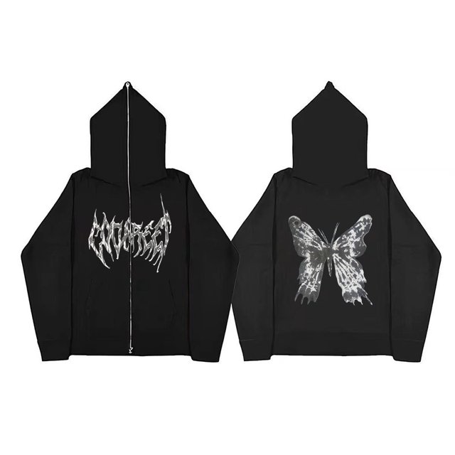 2023 Sudaderas con estampado de mariposas oscuras europeas y americanas para hombres y mujeres, sudaderas con capucha góticas para parejas, sudaderas con cremallera de gran tamaño Harajuku