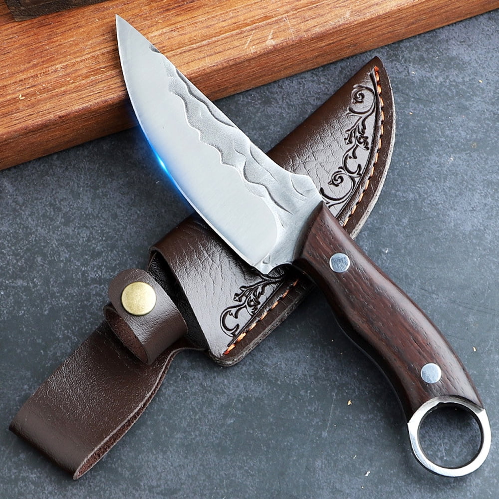 Kitchen Knife Set,Forged Hunting Knife with Heavy Duty Kitchen Shear,Full Tang Fixed Blade Knife Wood Handle with Lanyard,Camping Knife Fishing Knife w/ Sheath