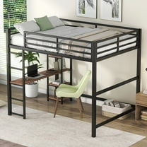Full-Size Metal Loft Bed w/Desk & Shelves in Black - Stable & Versatile