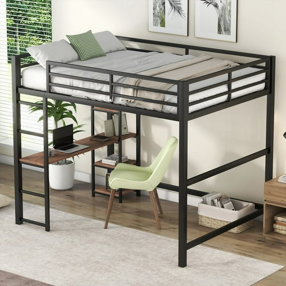 Full-Size Metal Loft Bed w/Desk & Shelves in Black - Stable & Versatile