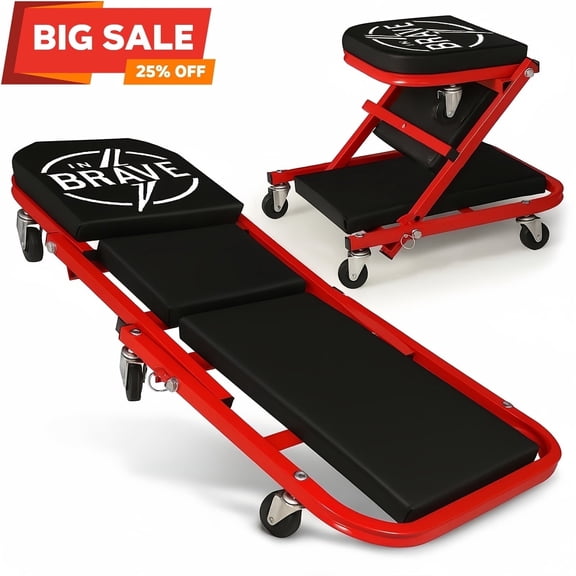 InBrave  36" 2-in-1 Folding Creeper and Seat, Triplex Foldable Mechanic's Creeper with 6 Swivel Casters, Low Profile Garage Stool, 330 lbs Capacity (Red)