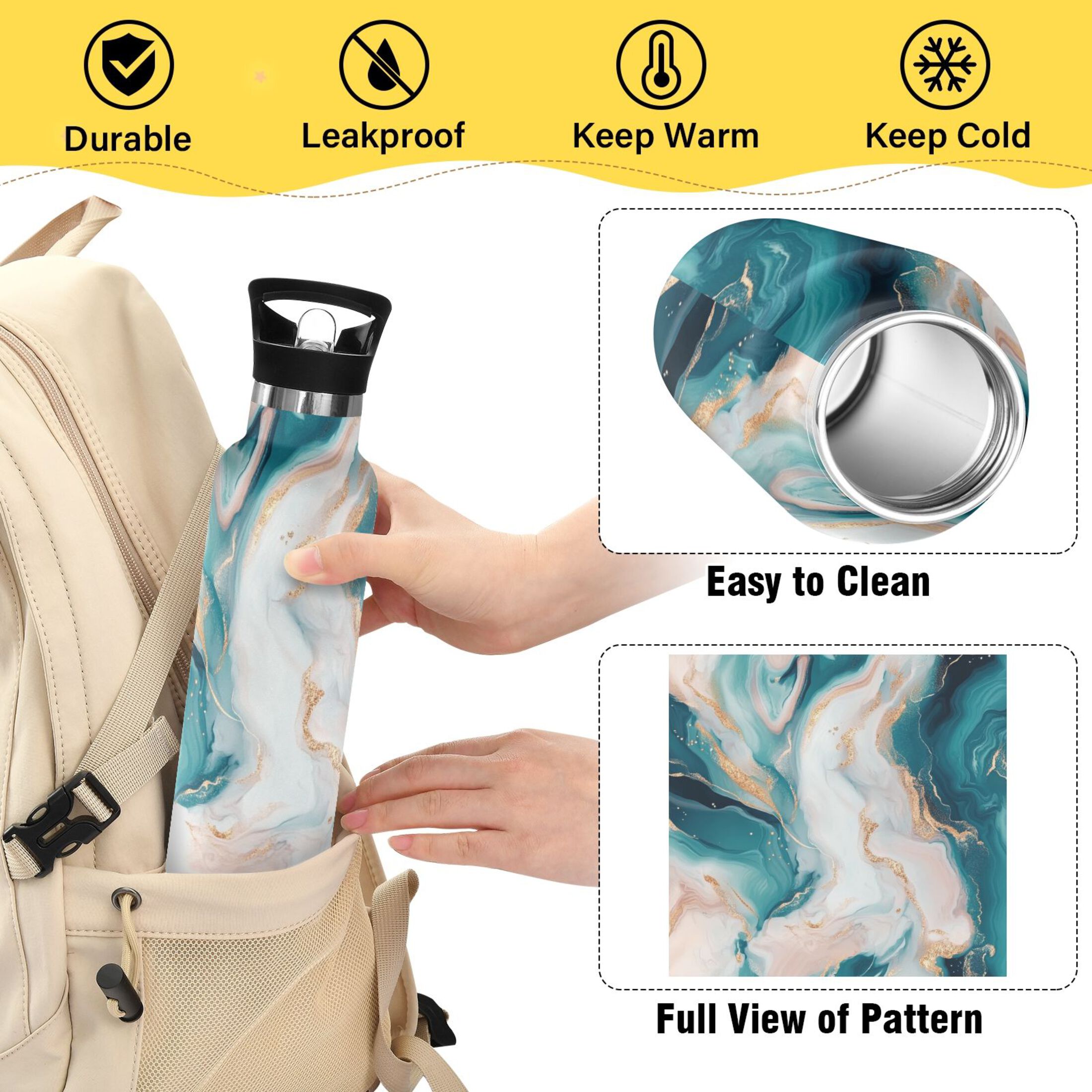 Kids Insulated Stainless Steel Sports Water Bottle 600ml (20oz) Abstract Marble Pattern