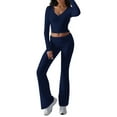 thumbnail image 2 of Women'S Workout 2 Piece Lounge Sets Long Sleeve Tops Foldover Flare Pants Casual Outfits Tracksuit Navy Blue M, 2 of 7
