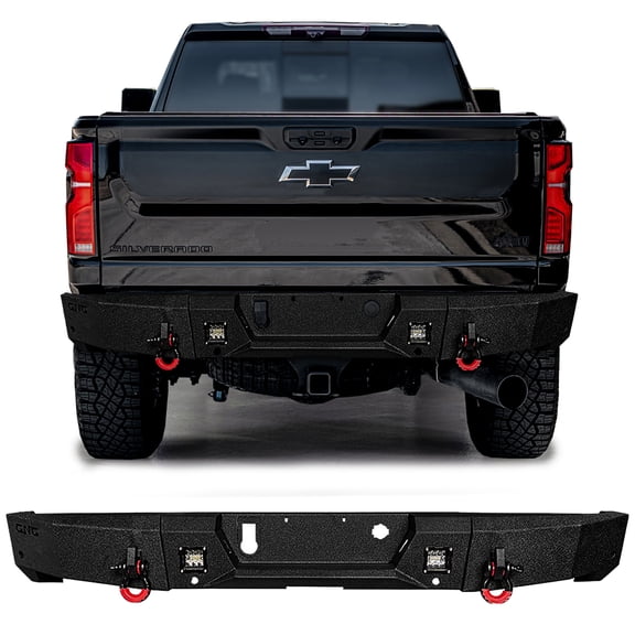 Vijay Compatible with 2020-2021-2022-2023-2024-2025 Chevy Silverado 2500HD/3500HD Rear Bumper Textured Black Steel with 2x LED Lights and 2xD-rings