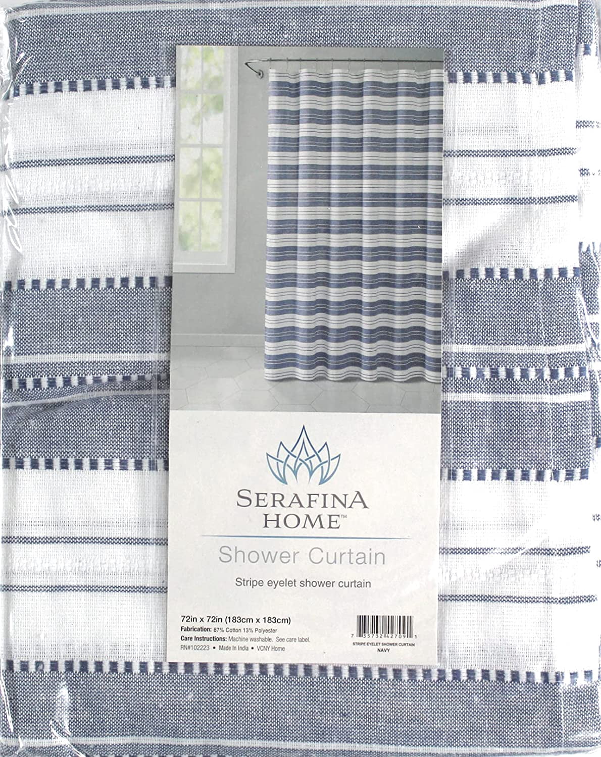 Serafina Home Nautical Striped Blue and White Fabric Shower Curtain: Chambray Cotton Luxury Hotel Detailed Eyelet Decorative Weave for Bathroom 72" x 72" (Denim Navy)
