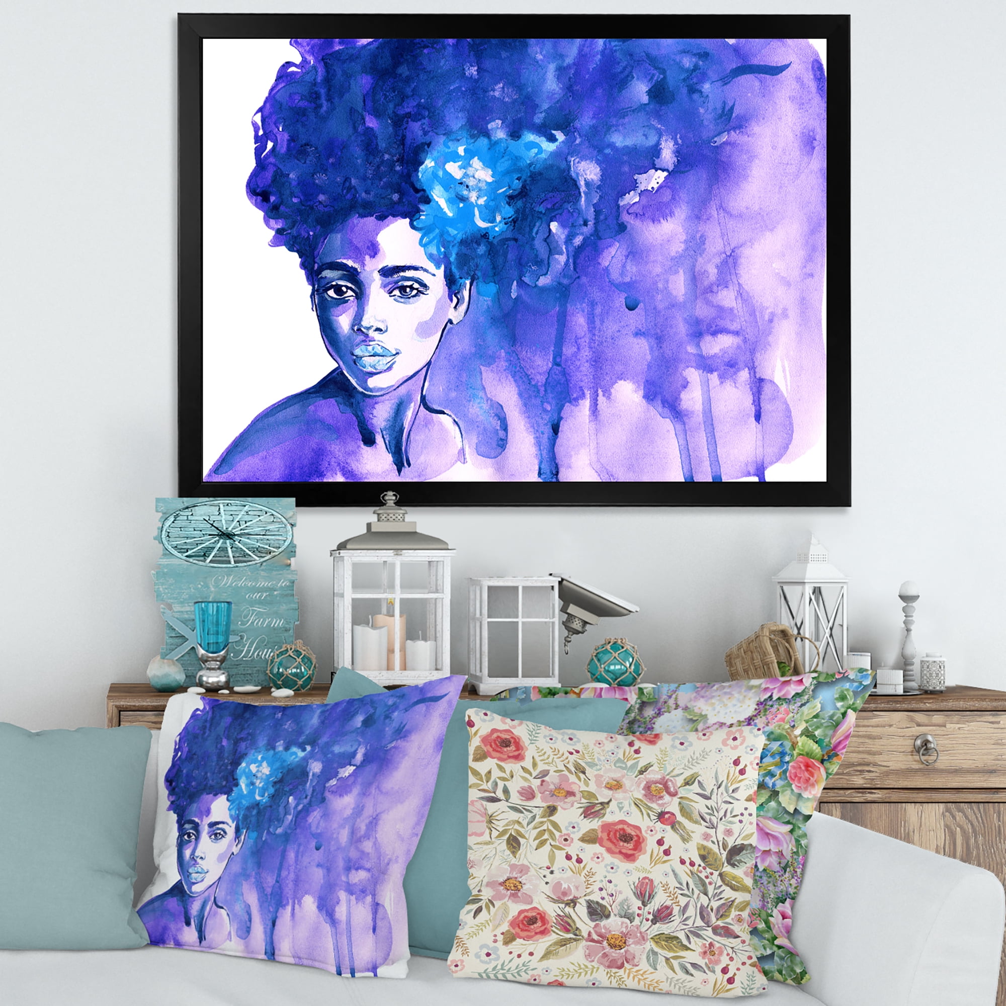 Designart 'Glorious Blue Portrait of Afro American Woman' Modern Framed Art Print