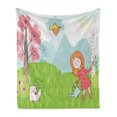 thumbnail image 1 of Cartoon Soft Flannel Fleece Throw Blanket, Childish Design of Little Girl in Woods Mountain and Animals, Cozy Plush for Indoor and Outdoor Use, 50" x 70", Lime Green Multicolor, by Ambesonne, 1 of 6