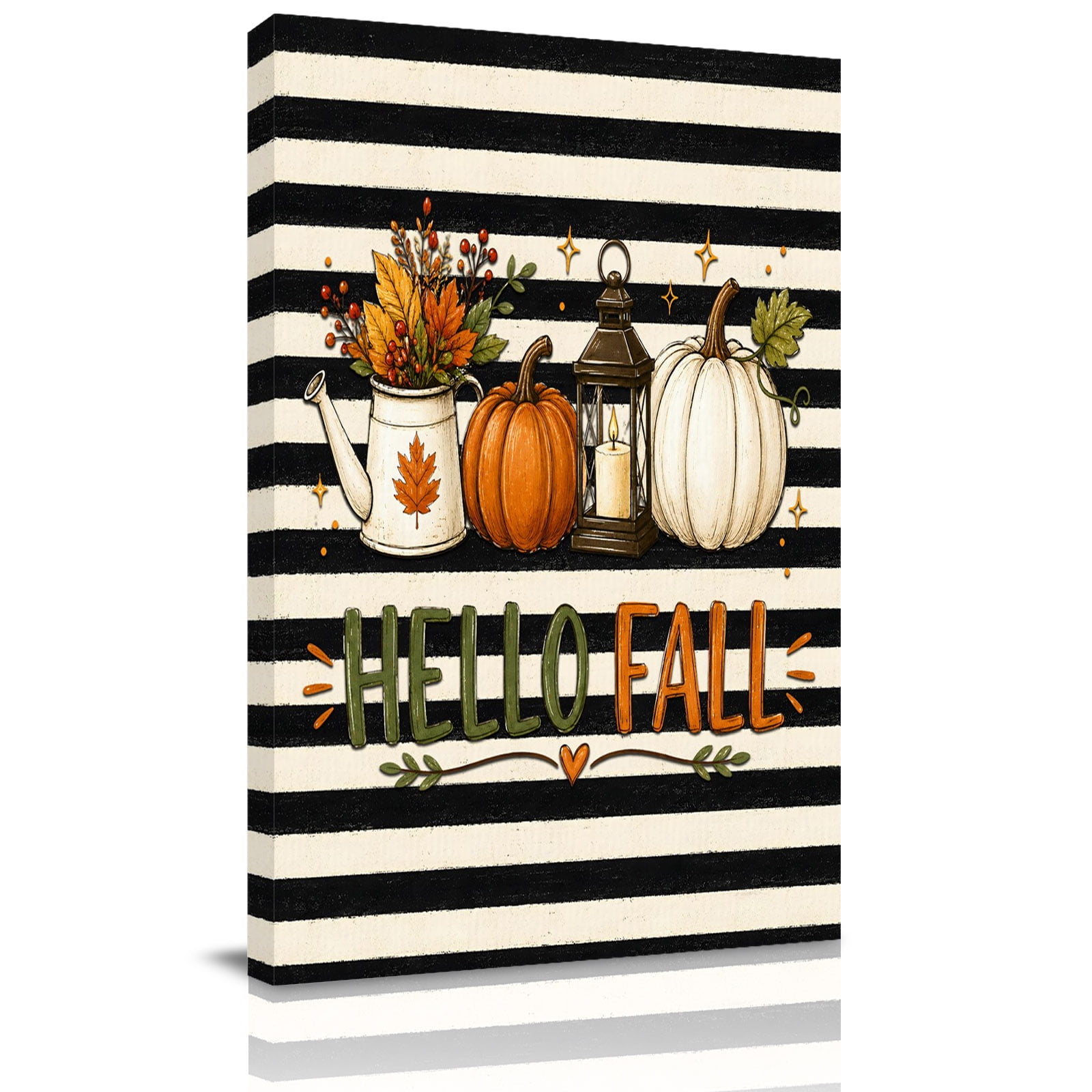 Canvas Wall Art Hello Fall Framed Canvas Prints for Bedroom Bathroom Black Striped Pumpkin Thanksgiving Botanical Gallery Wrapped Wall Decor for Home Office Gifts 11 x14 Ship Next Day
