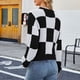 thumbnail image 4 of Suéter de punto para mujer, cuello redondo, manga larga, estampado a cuadros, suéter corto informal, negro, blanco, XL, 4 of 6