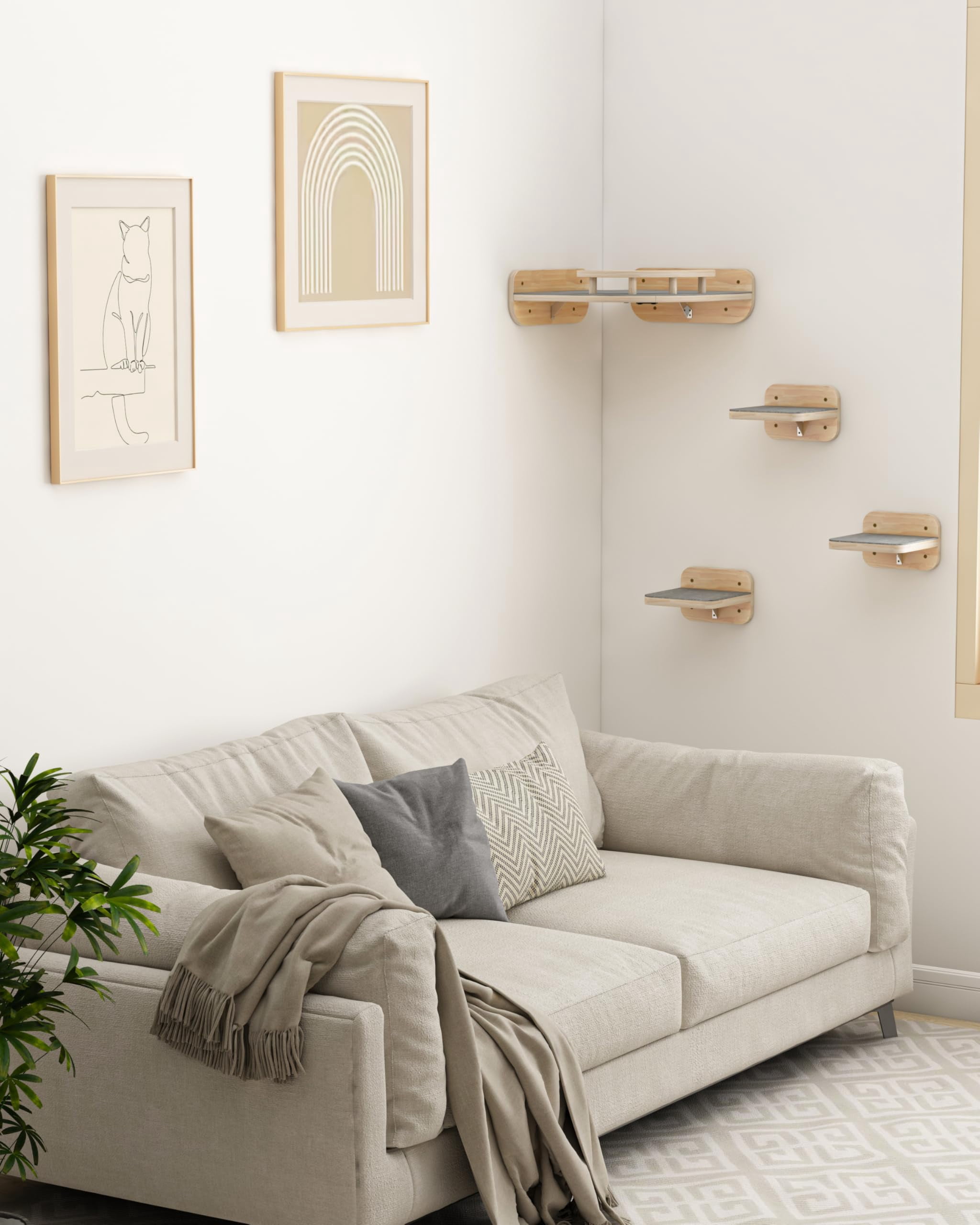 Cat Wall Furniture - Corner Climbing Shelf With 3 Wide Steps  Modern Floating Stairs For Indoor Cats Up To 30 Lbs Wood Color